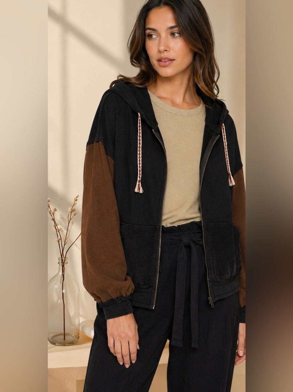 POL Black Brown Colorblock Zip Hoodie - Picture 4 of 5